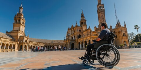 A motorized wheelchair user visiting a historic landmark, exploring alongside other tourists, the grand architecture highlighted under clear, sunny skies