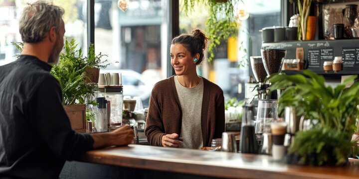 A person with a hearing aid ordering coffee at a trendy cafe, engaging in light conversation with the barista, the industrial decor setting a lively scene with customers