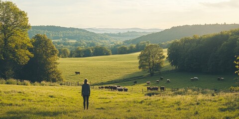 A person with a hearing aid visiting a peaceful countryside farm, surrounded by open fields and farm animals, the scene serene under clear skies and fresh air