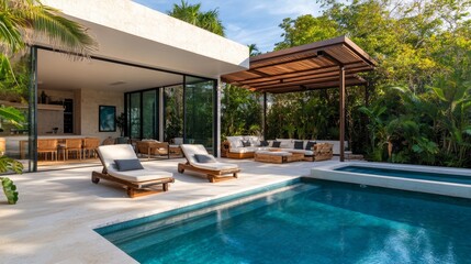 Fototapeta premium Stunning luxury backyard view of pool chaise lounge garden pergola with hot tub. Modern and sleek it has an effortless boho inspired resort like feel