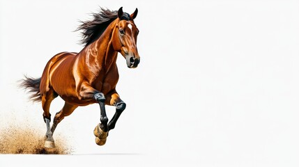 Obraz premium Majestic brown horse running at full gallop on a white background, showcasing the power and grace of this noble animal.