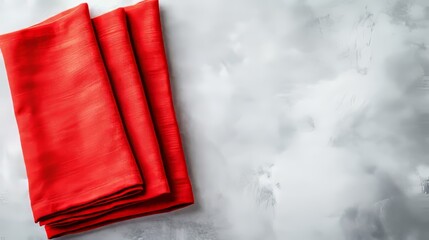 Top view with red empty kitchen napkin isolated on table background. Folded cloth for mockup with copy space Flat lay. Minimal style.
