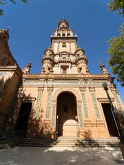 Close-up of one of the towers of the Plaza Espana in Seville