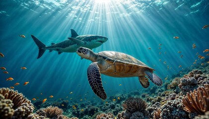 Naklejka premium An underwater scene featuring a sea turtle and a shark swimming