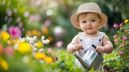 A baby in a gardeners hat, holding a watering can, standing next to a freshly planted flowerbed