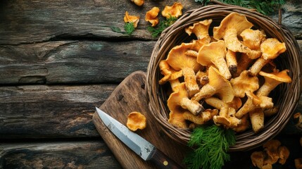 A basket filled with freshly foraged mushrooms, including chanterelles and morels, sitting on a rustic wooden table with a knife and cutting board nearby.