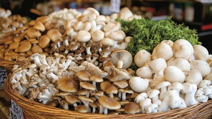 Fototapeta premium A basket of assorted edible mushrooms displayed at a farmer market, showcasing fresh varieties such as shiitake, oyster, and portobello.