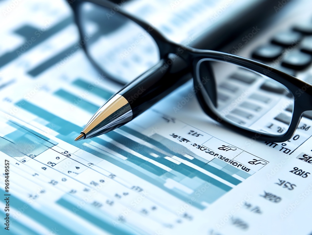 Poster a close-up of a pen, glasses, and a calculator on a table with financial charts in the background.