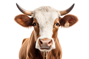 Naklejka premium Close-up of a brown and white cow with large horns looking directly into the camera isolated on white background