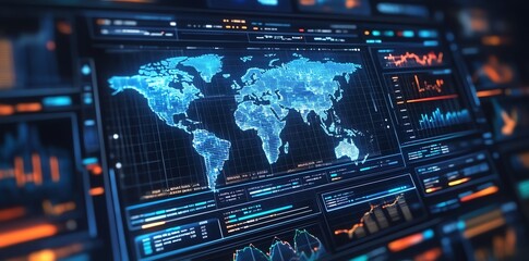 A close-up shot of a computer screen displaying a world map, charts, and graphs in a futuristic design.