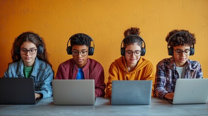Group of diverse teenagers studying with laptops
