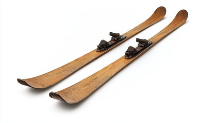 Old wooden skis and ski poles isolated on white background