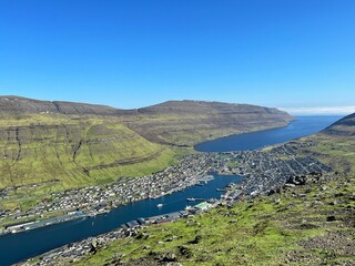 Obraz premium Aerial view of a coastal town in the Faroe Islands