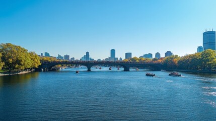 Naklejka premium A bridge spanning a wide river with boats passing underneath, captured during the day with clear skies and the city skyline in the background.