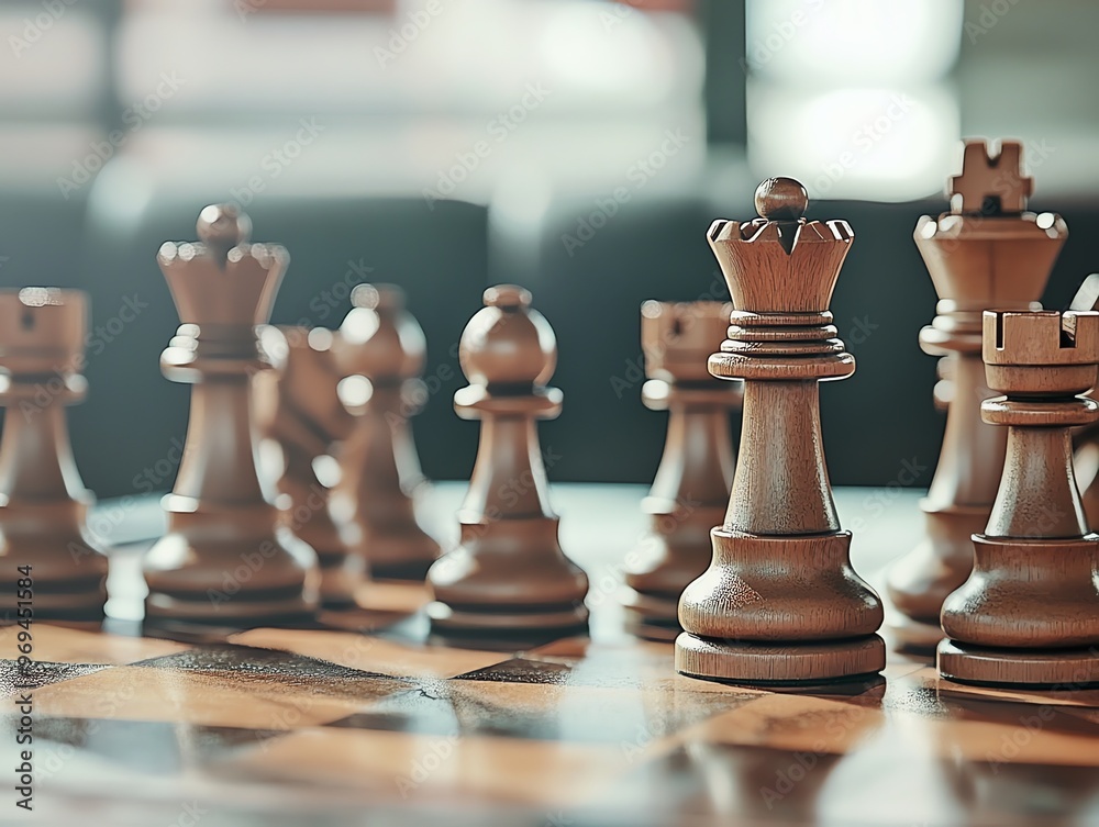 Wall mural a close-up shot of a wooden chess queen on a wooden chess board, surrounded by other pieces, showing