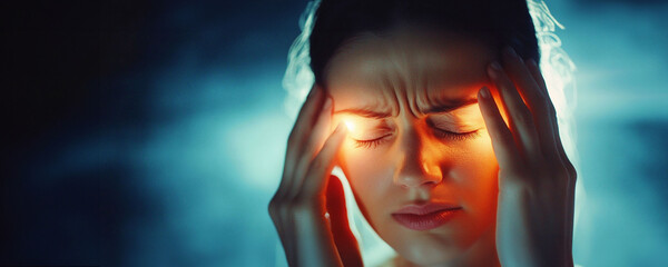 Horizontal image, portrait of a woman suffering from headache. Migraine headache concept. For banner, design, clinic, linkedin, blog, social media, thumbnail, cover. Copy space for text