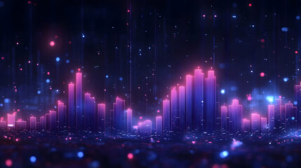 A vibrant digital visualization of sound waves with glowing bars and particles.