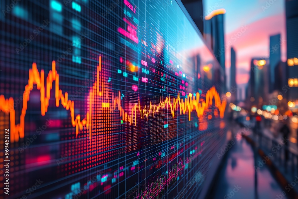 Aufkleber A close-up view of a stock ticker with a cityscape in the background, showing a graph of financial data.