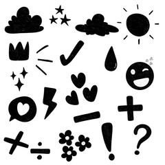 This image features a playful set of black hand-drawn doodles on a clean white background. The collection includes various symbols such as clouds, stars, hearts, flowers, mathematical signs, and expre