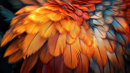 Fototapeta premium A close-up of a chicken's vibrant feathers, highlighting the intricate patterns and rich colors, with soft natural lighting to emphasize the textures.