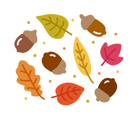 Cute hand drawn autumn concept illustration of fallen leaves and acorns.