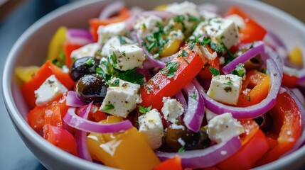 A close-up of a colorful Mediterranean salad with olives, feta cheese, red onions, and bell peppers, served in a white bowl with a sprinkle of herbs.