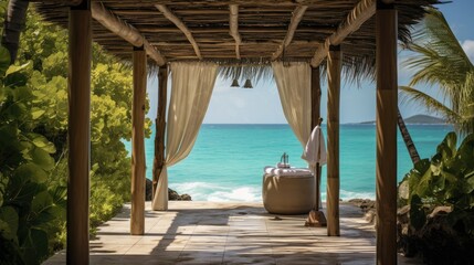 A tropical outdoor shower with a bamboo canopy and natural stone floor, overlooking a pristine beach and turquoise sea.