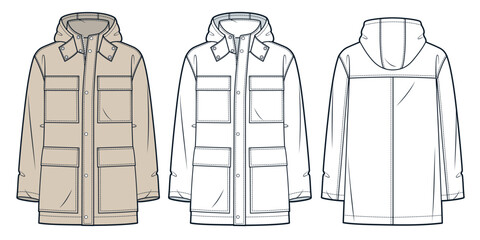 Parka Coat technical fashion Illustration. Hooded Jacket fashion flat technical drawing template, front zipper, pockets, front and back view, white, beige, women, men, unisex Outerwear CAD mockup set. © Liubov Hladka