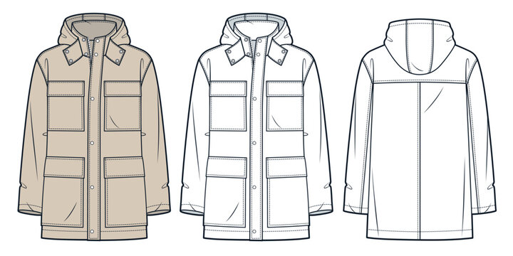 Parka Coat technical fashion Illustration. Hooded Jacket fashion flat technical drawing template, front zipper, pockets, front and back view, white, beige, women, men, unisex Outerwear CAD mockup set.