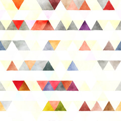 A watercolor pattern featuring colorful triangles arranged in a repeating design.