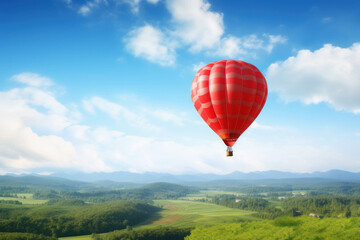 Naklejka premium Red Hot Air Balloon Soaring Over Lush Green Fields 