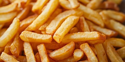 Heap of golden, crispy French fries, perfect for a snack, showcasing their appetizing texture and rich color.