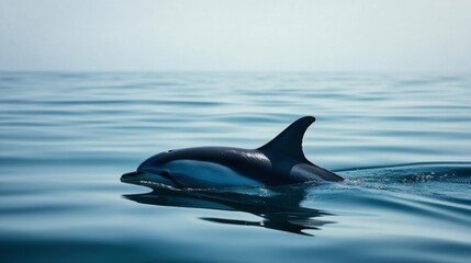 Fototapeta premium A close-up of a dolphin dorsal fin cutting through the calm sea, with the vast horizon in the background, symbolizing freedom.