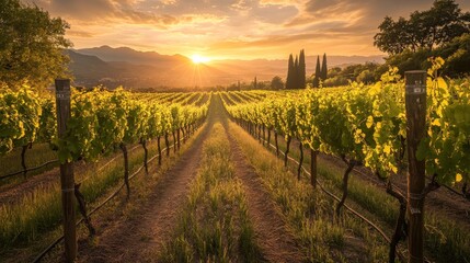 Fototapeta premium Journey through a lush vineyard at sunset, with rows of grapevines stretching out into the distance under a golden sky.