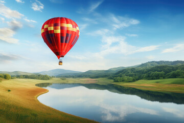 Fototapeta premium Red Hot Air Balloon Soaring Over Lush Green Fields 