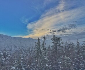 Snow-covered trees and mountains under a vibrant blue sky in the Green Mountains of Vermont