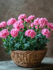 Pink Carnations in Wicker Basket