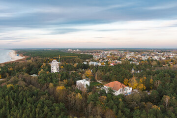 Aerial view of the Baltic Sea shore line near Klaipeda city, Lithuania. Beautiful sea coast on chilly autumn day.