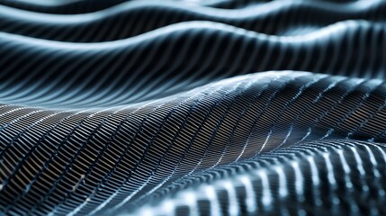 Close-up of flowing fabric with wave patterns in shades of blue, showcasing texture and depth in a sleek, modern style.