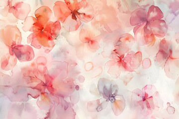 A vibrant watercolor painting featuring a profusion of delicate pink and peach blossoms, creating a harmonious and uplifting symphony of color. The artwork.