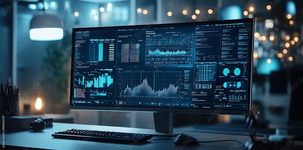 Poster A computer monitor displaying graphs, charts, and data on a desk with a keyboard and mouse in a dimly lit room.