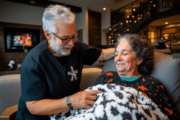 A caregiver adjusting a residentâ€™s blanket, making sure theyâ€™re comfortable and warm while watching TV in the cozy lounge