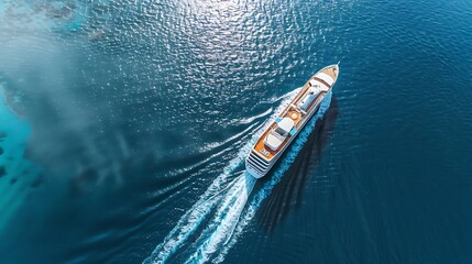 Lovely white cruise vessel sailing during a summer vacation seen from above