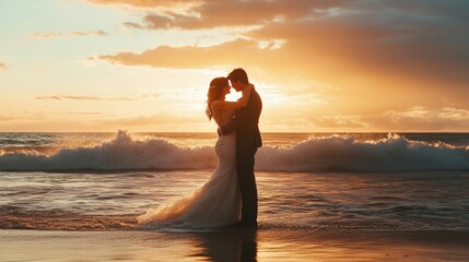 Fototapeta premium Romantic Couple Silhouette at Sunset on Beach with Waves