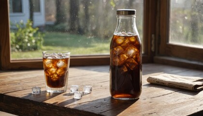 Iced Coffee in Glass Bottle and Glass