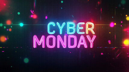 Cyber Monday text in glowing neon colors with a futuristic and digital background, emphasizing online shopping deals.