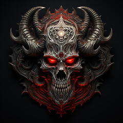 The skull of a demon with horns and red fire