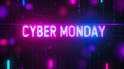 Cyber Monday text in glowing neon colors with a futuristic and digital background, emphasizing online shopping deals.