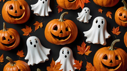 Halloween pumpkin holiday autumn illustration for orange celebration face october horror icon fun spooky seamless design cartoon pumpkins season scary pattern ghost smile art
