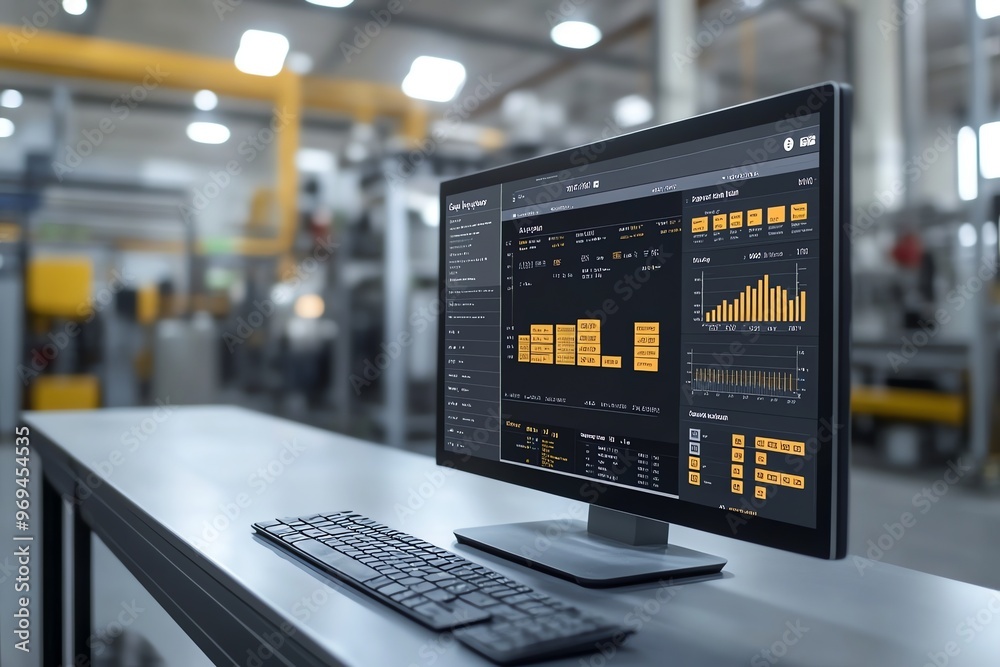 Poster A computer monitor with a control panel interface displays graphs and data in a factory setting.